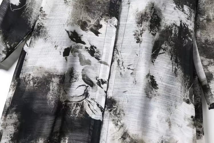 春夏新款 歐美復古 古典水墨印花拼接氣質薄外套