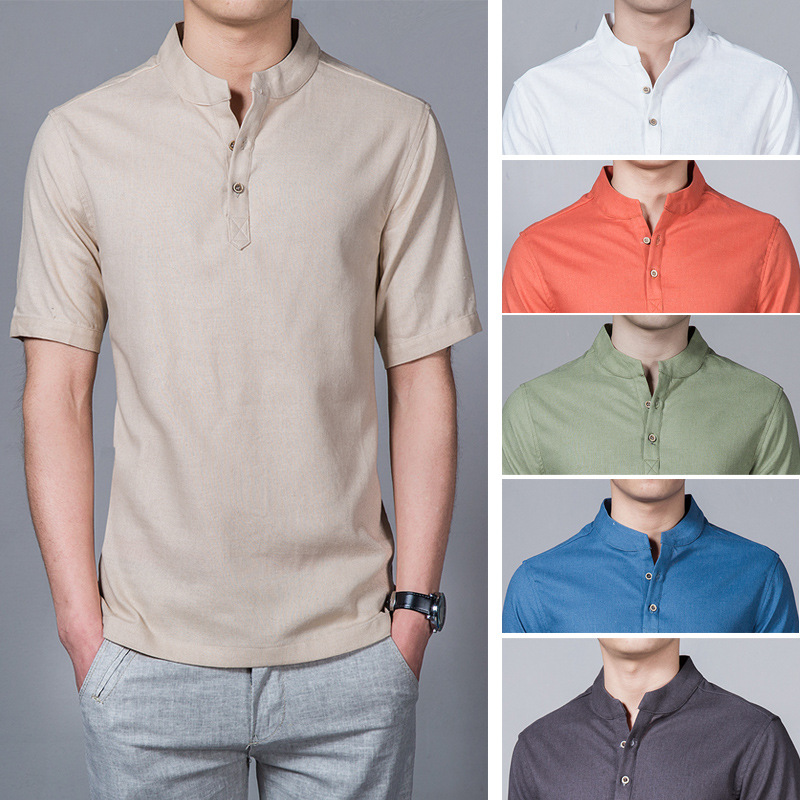 Taobao new summer men's cotton linen stand collar short sleeve shirt men's loose large short sleeve linen imitation T-shirt