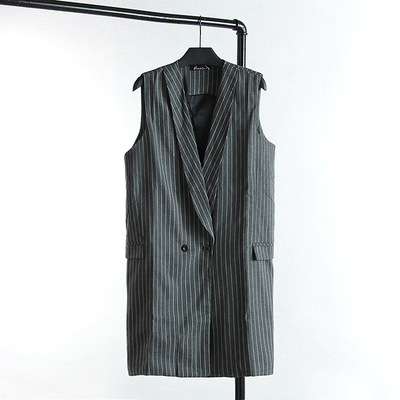 S6大码女装胖mm春夏新款韩版灰色条纹无袖中长款马甲9018，0.45