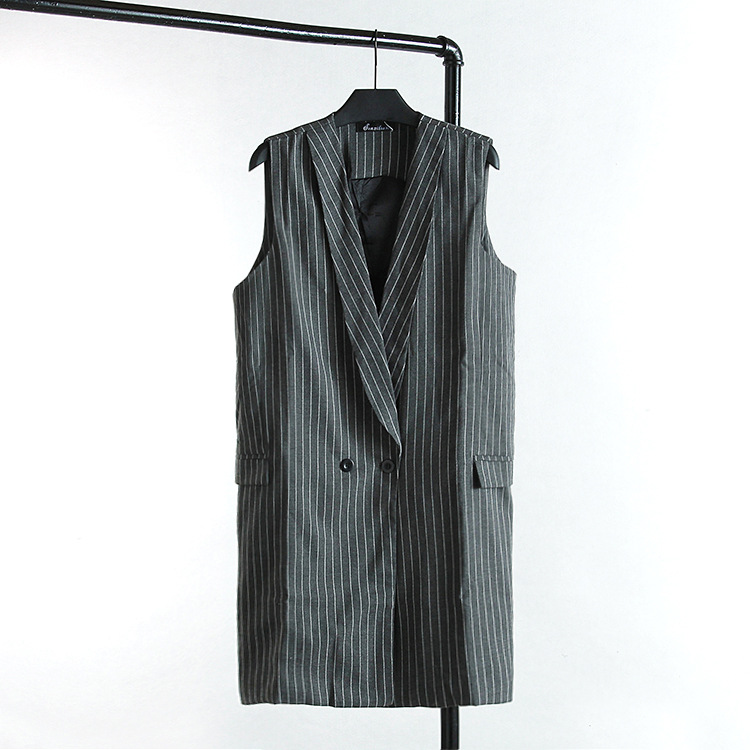 S6大码女装胖mm春夏新款韩版灰色条纹无袖中长款马甲9018，0.45