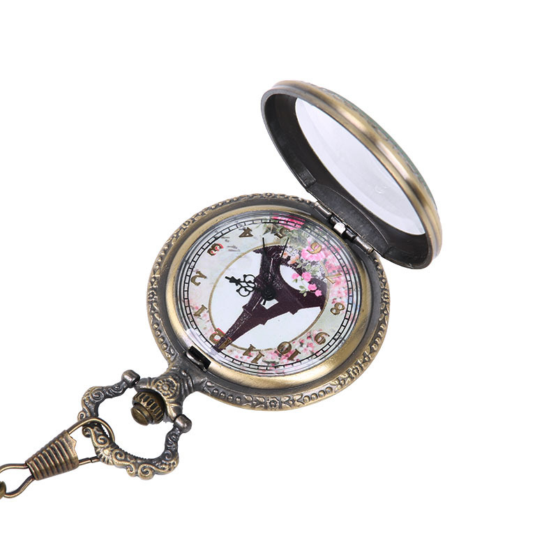 Large thick chain engraved pocket watch pattern side transparent flap glass pocket watch Paris Tower pocket watch manufacturers wholesale