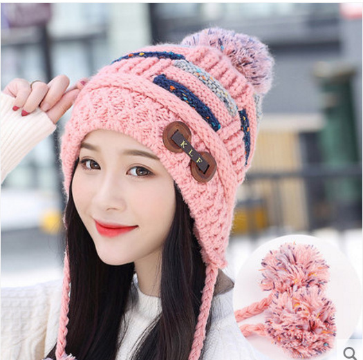 Korean Version Knitting Pompom Caps Beanie Woman Shag Line Warm Winter Multicolor Hats