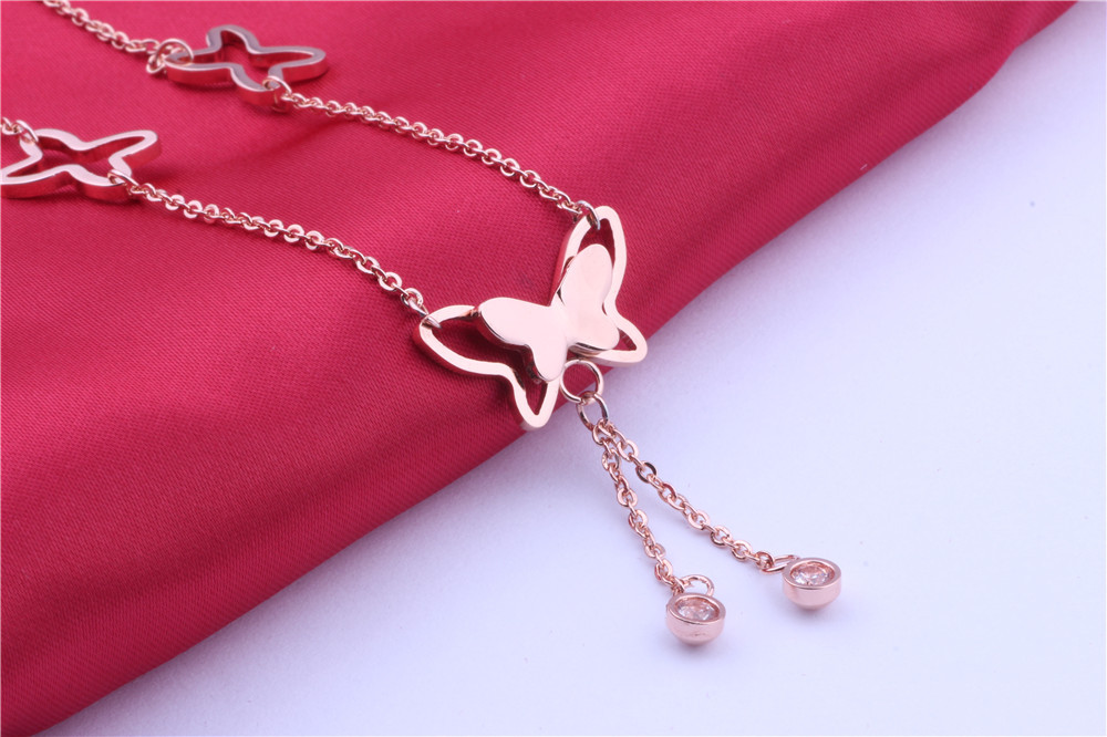 Rose Gold Titanium Steel Anklet Butterfly Tassel Anklet Women Barefoot