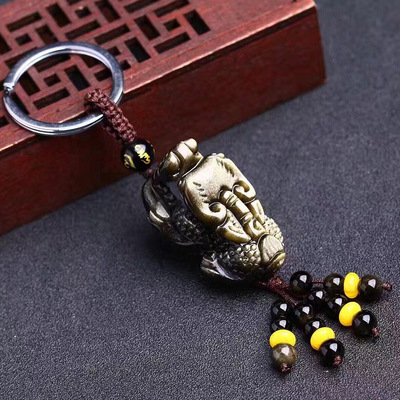 天然金曜石大头貔貅车用钥匙扣钥匙链大量批发金曜石貔貅批发|ru