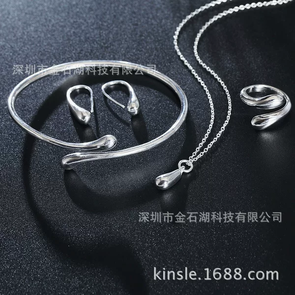 Spot European and American fashion silver-plated exquisite water drop bracelet necklace earrings ring water drop set from a set of batch