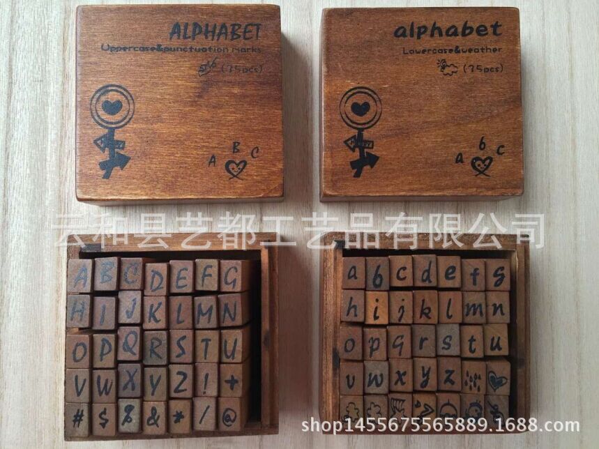 Sello de madera vintage de letras mayúsculas y minúsculas, sello de madera, caja de madera, 35 piezas antiguas