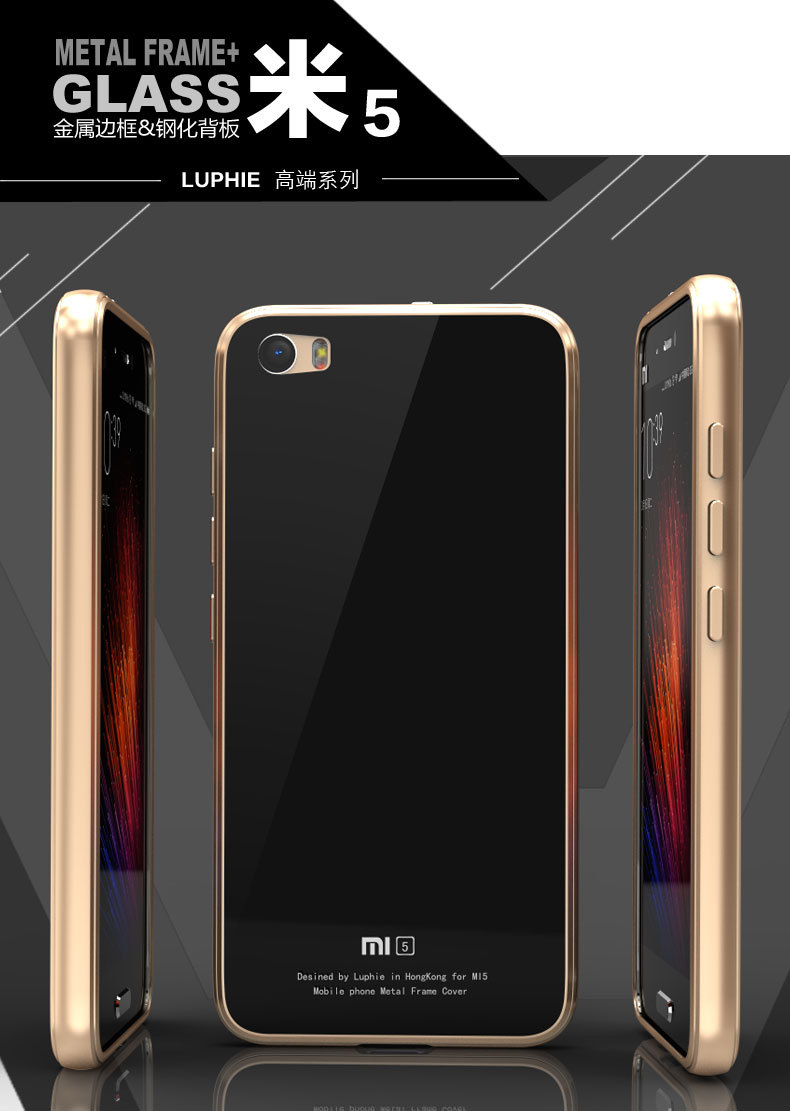 Luphie Aircraft Aluminum Metal Frame 9H Tempered Glass Back Cover Case for Xiaomi Mi 5