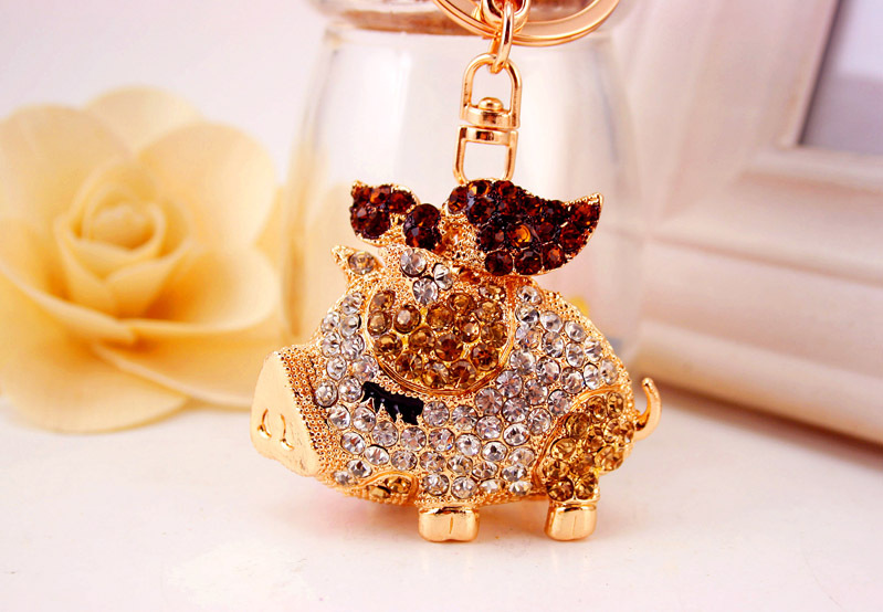 Creative Cute Diamond Zodiac Pig Car Keychain display picture 5
