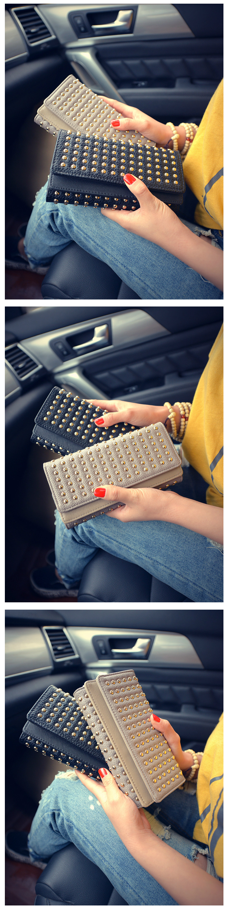 191g Weight Synthetic Leather Lining Material Flip Cover Closure Type Business Occasion Pu Leather Material Solid Color Pattern Women'S Gender Fashion Style Square Shape Grey, Black Color New Punk Style Fashion  Long Double Cover Wallet 无
