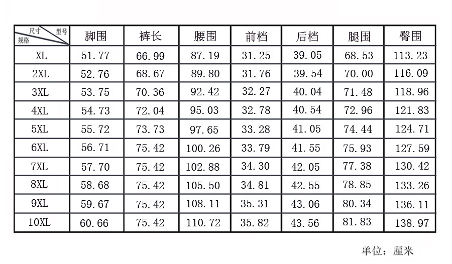 七分褲尺寸表