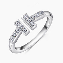 925純銀開口t英文字母女戒指情侶對戒新款飾品批發水晶首飾禮品