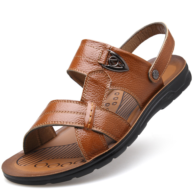 Summer Extra-large Size Men's Beach Toe Top Layer Leather Sandals Slippers