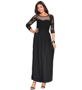 women wear black middle sleeve yarn sexy stitching long dress