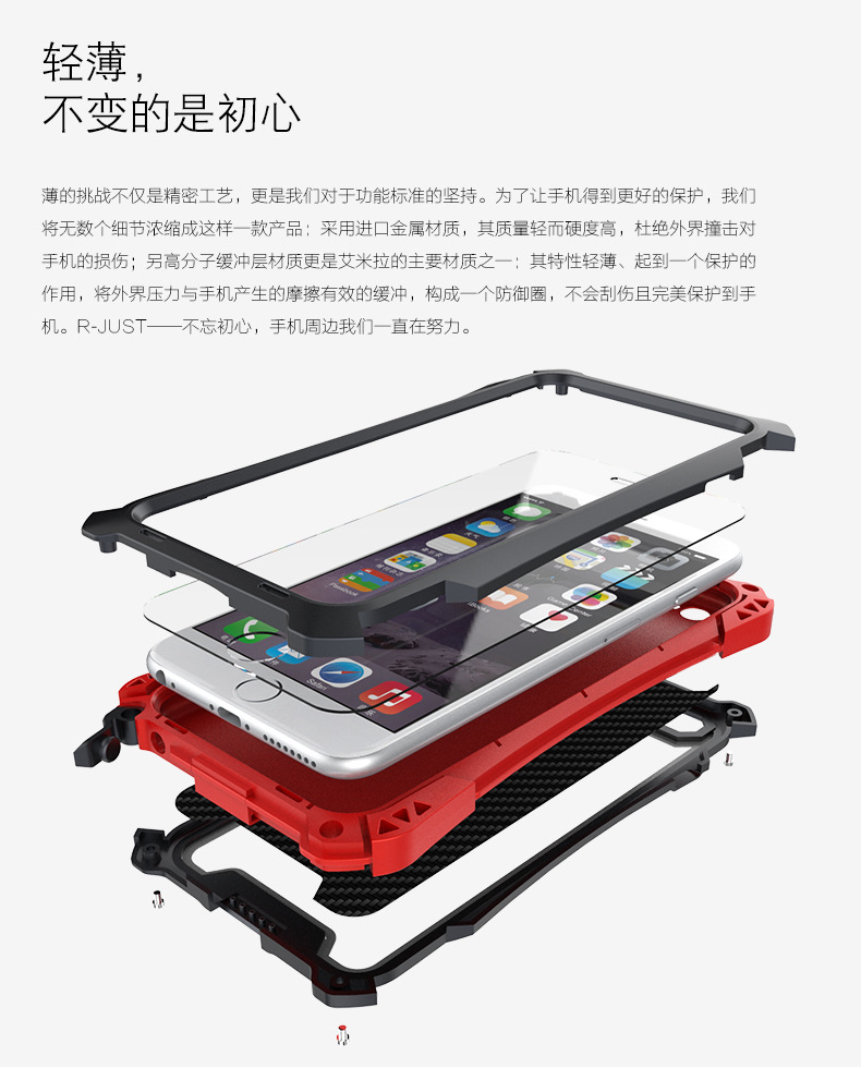 R-JUST Amira Heavy Duty Dirtproof Shockproof Rainproof Aluminum Metal Bumper Carbon Fiber Back Cover Case for Apple iPhone 6S/6 iPhone 6S Plus/6 Plus & iPhone SE/5S/5