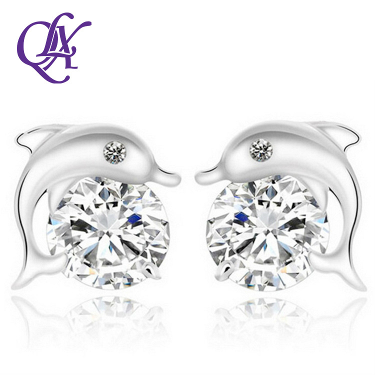 巧兰轩仿纯银女款耳钉韩国小饰品外贸锆石海豚耳饰速卖通厂家批发|ru