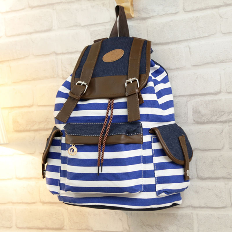 韩版时尚帆布双肩包女休闲条纹背包学生书包学院风热卖双背清新潮