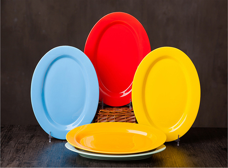 厂家定制陶瓷椭圆形深鱼盘红蓝黄色椭圆盘碟子菜盘子家用餐具|ru