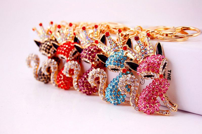36g Weight Alloy, Metal Material Fox Pattern Unisex Gender Pink, Purple, Red, Blue, Black Color Korean Creative Cute Cartoon Crystal Crown Little Fox Keychain 2