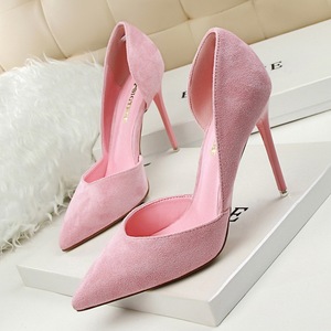 Korean fashion simple and elegant thin thin heel high heel suede shallow mouth pointed side hollow women’s single shoes