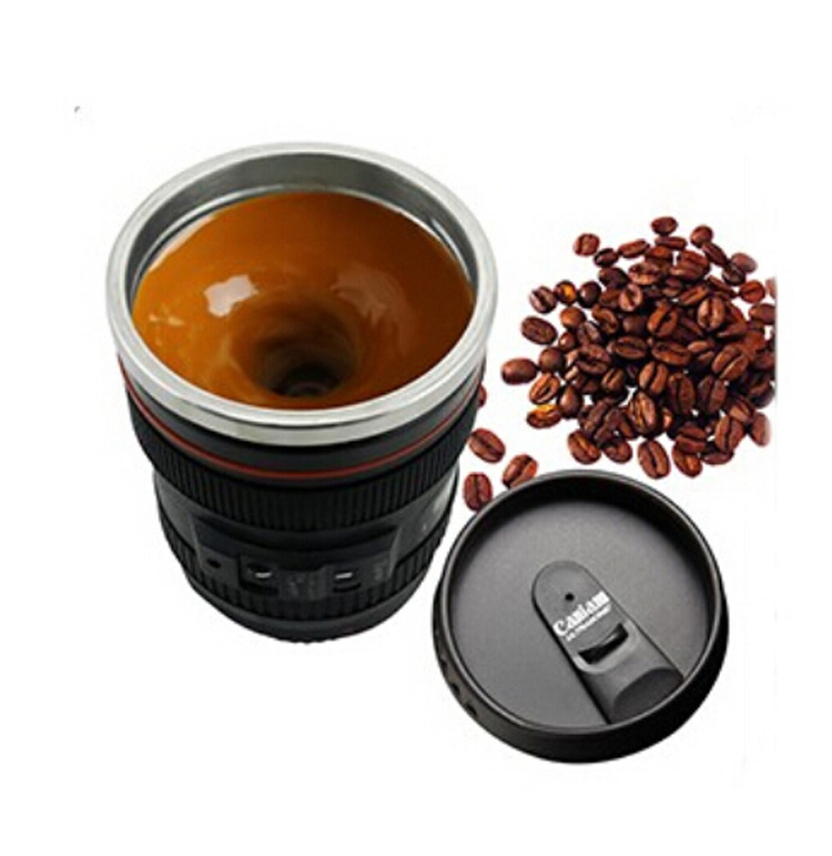 camera lens self stirring mug