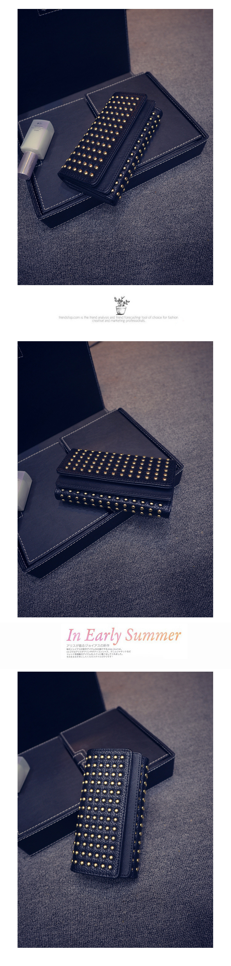 191g Weight Synthetic Leather Lining Material Flip Cover Closure Type Business Occasion Pu Leather Material Solid Color Pattern Women'S Gender Fashion Style Square Shape Grey, Black Color New Punk Style Fashion  Long Double Cover Wallet 7