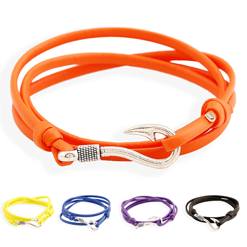 European and American Fashion Nautical Navy Wind Fish Hook Alloy Bracelet Couple's Fish Hook Bracelet Trendy Charm Leather Bracelet