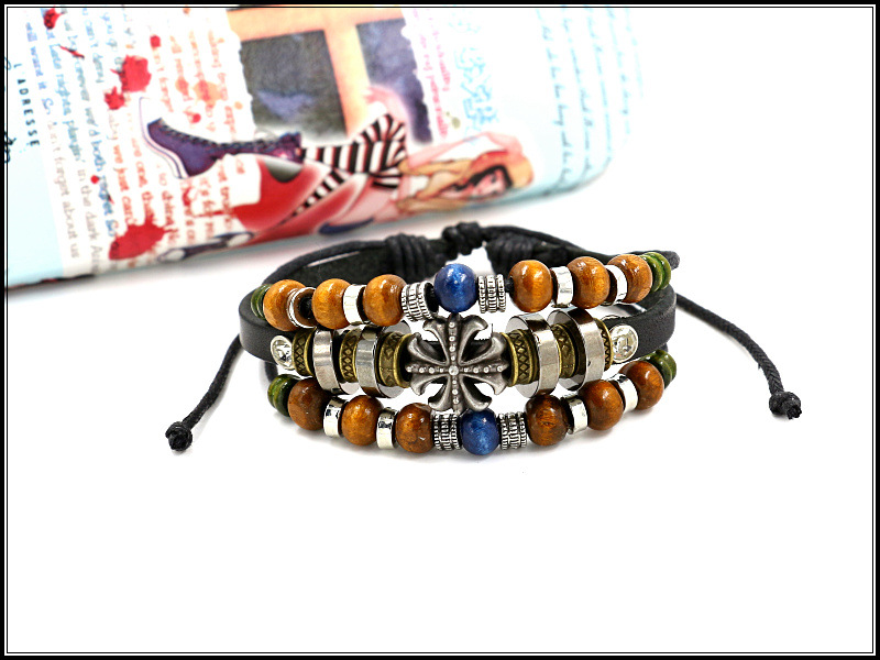 Fashion Jewelry Retro Beaded Cross Cowhide Jewelry Unisex Leather Bracelet Wholesale Nihaojewelry display picture 4