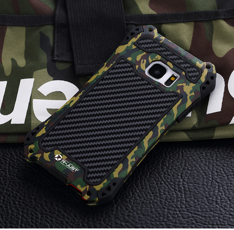 R-Just Amira Heavy Duty Dirtproof Shockproof Rainproof Aluminum Metal Bumper Carbon Fiber Back Cover Case for Samsung Galaxy S7 G9300/ S7 Edge G9350