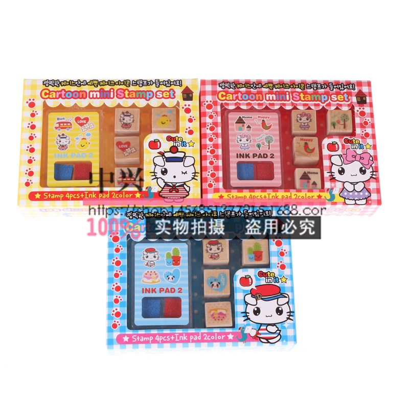 卡通猫咪木头印章套装 儿童印章 木质木制印章 带印章 印泥