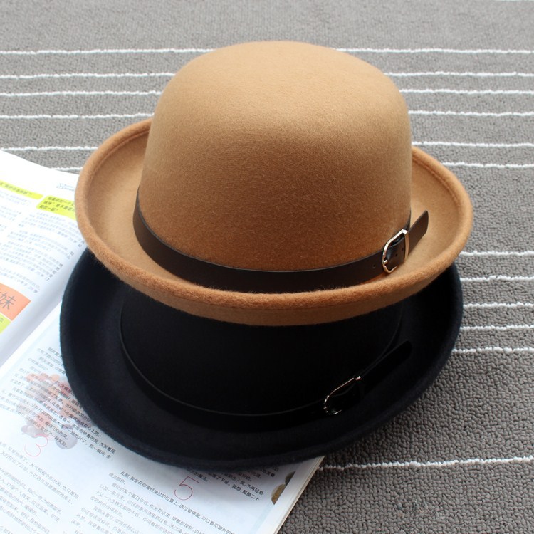 春秋帽子女士潮卷边圆顶百搭时尚皮带扣小礼帽翻边羊毛呢帽女毡帽|ru