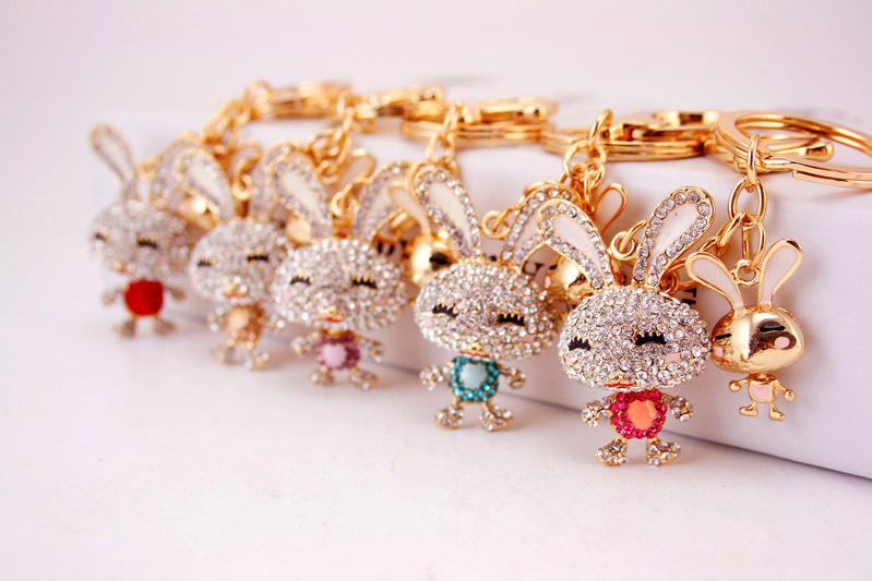 35g Weight Alloy, Metal Material Rabbit Pattern Unisex Gender Pink, Purple, Red, Blue, Peach Color Korean Creative Cute Diamond Cartoon Bunny Car Keychain 2