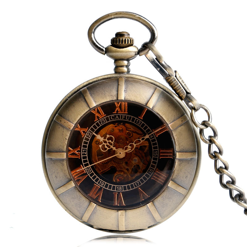 Bronze Mechanical Pocket Watch Men Women Pocket Watch Dark Brown Glass Roman Numerals Pendant Nurse Clock