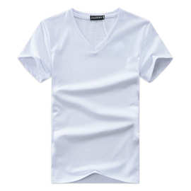 夏季男士纯白鸡心领短袖棉男纯色运动休闲v领短袖T恤上衣打底衫
