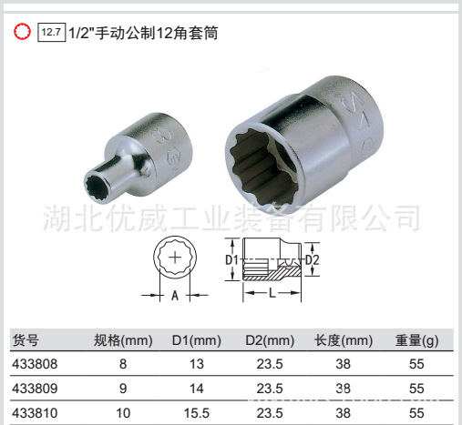 供应GENIUS天赋工具1/2″手动公制12角套筒433808-433832