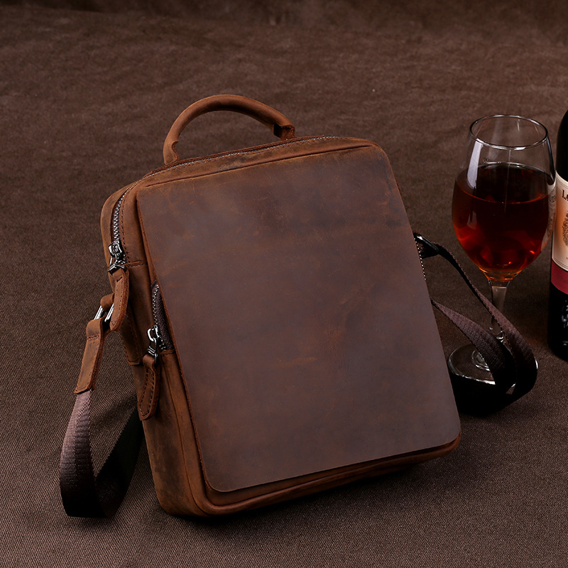 Head layer cowhide business handheld briefcase, single shoulder crossbody men's crazy horse leather bag, trendy_voghion.com