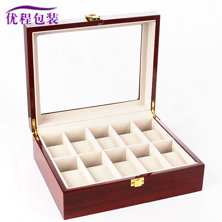 现货木质10位亮光漆手表盒红色木纹喷漆手表盒收纳盒手表展示箱