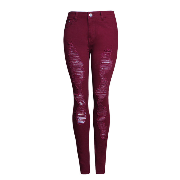 The fall of popular beggar hole thin women personality stretch slim pants color pants trousers and blast wave model
