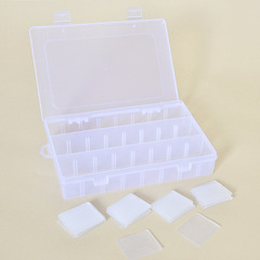 Clear storage box with 24 detachable compartments, suitable for organizing and storing jewelry, hardware, electronic parts, fishing gear, and plastic items.