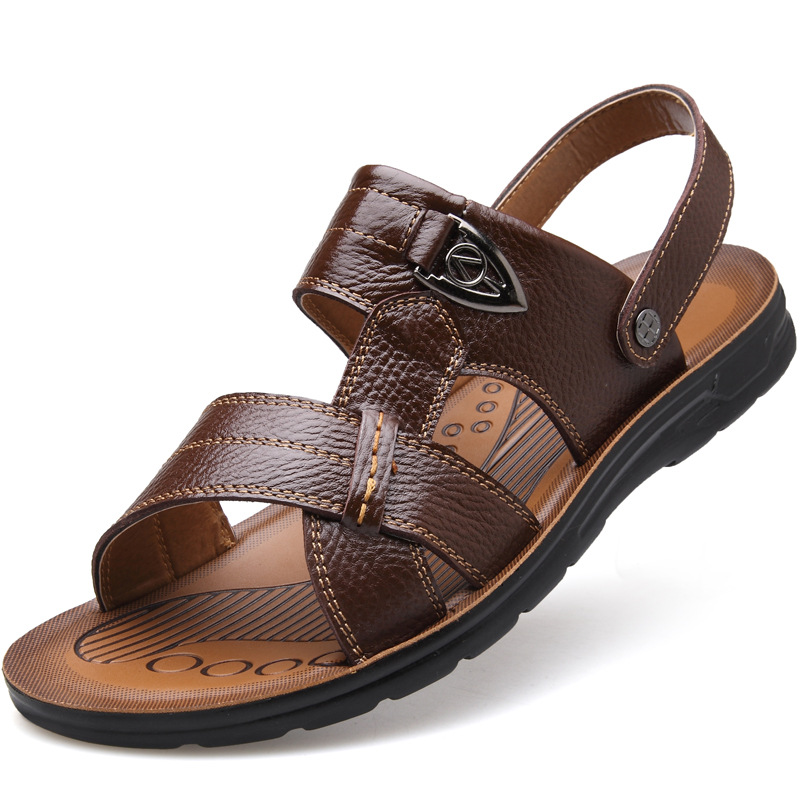 Summer Extra-large Size Men's Beach Toe Top Layer Leather Sandals Slippers