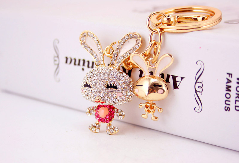 35g Weight Alloy, Metal Material Rabbit Pattern Unisex Gender Pink, Purple, Red, Blue, Peach Color Korean Creative Cute Diamond Cartoon Bunny Car Keychain 3