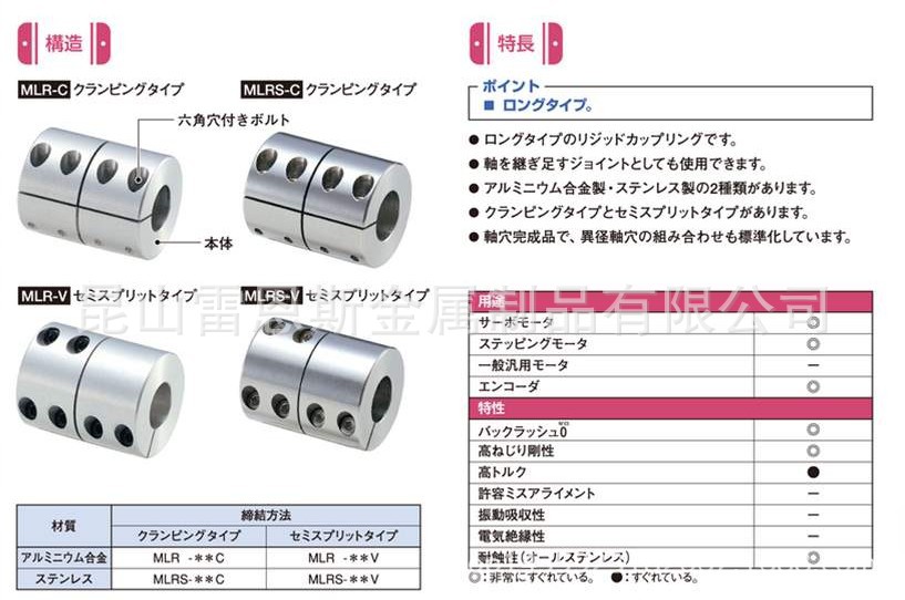 日本鍋屋刚性型联轴器MLR-16C-6X6/MLR-25C-10X10