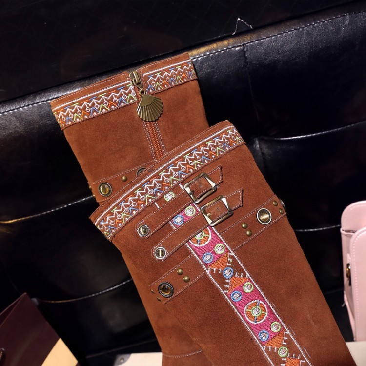 2016秋冬季新款民族風刺繡花邊皮帶扣騎士靴高筒靴子真皮女靴