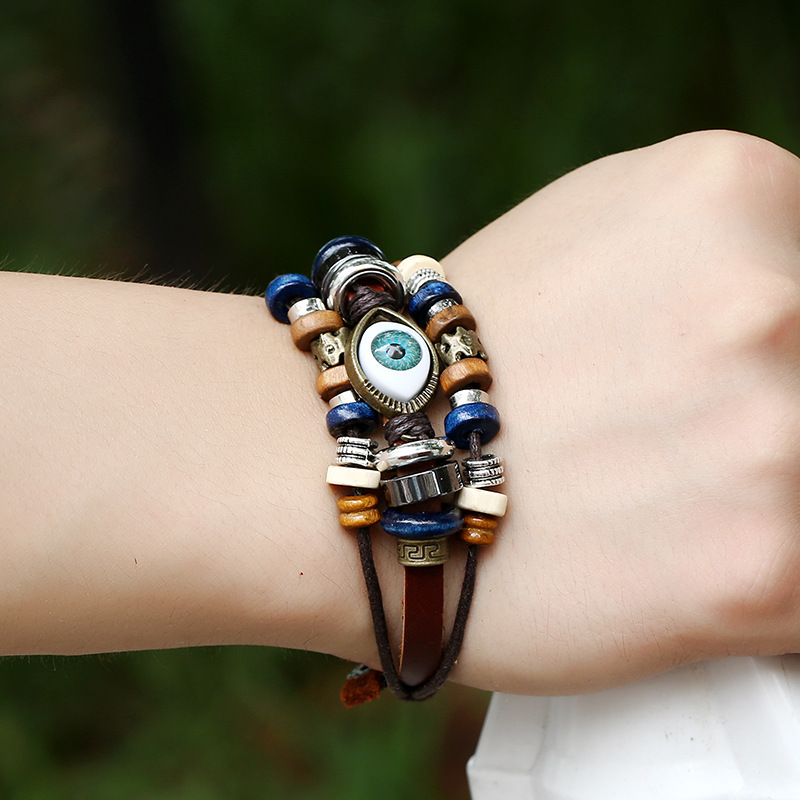 Eye Pattern Retro Eye Pu Leather Beaded Resin Men'S Bracelets Men Cord & Leather Bracelets