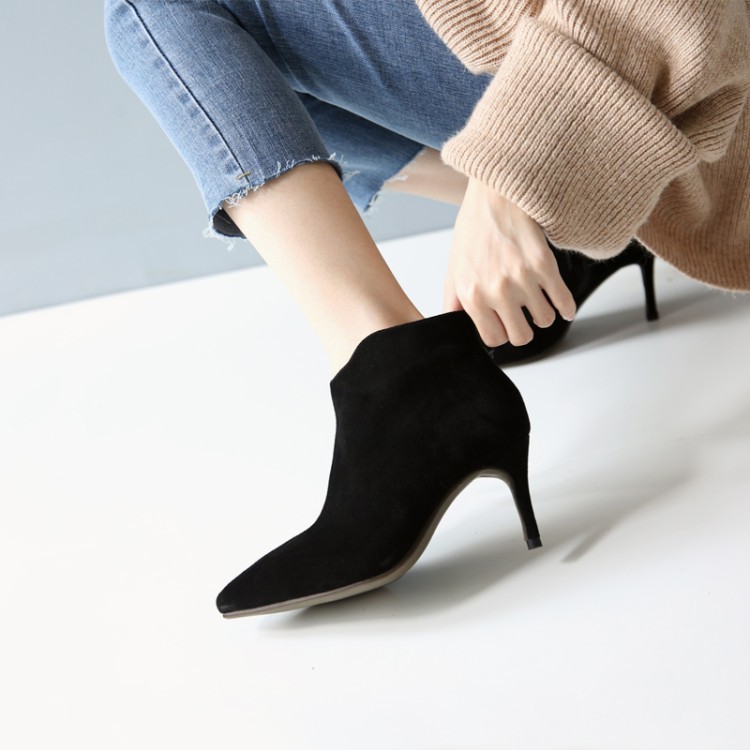 韩版2016秋冬季尖头女靴子粗跟真皮短靴侧拉链牛筋底马丁靴高