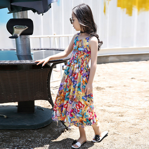 Girls suspender skirt 2024 new summer dress chiffon style small children, middle and large children floral wide leg jumpsuit dress