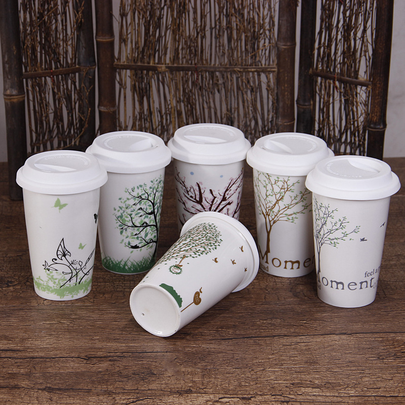 陶瓷双层杯隔热杯马克杯牛奶咖啡杯带硅胶盖子杯车载水杯定制logo