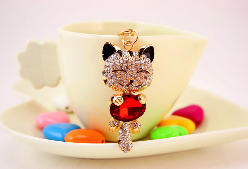 Cute Diamond Lucky Cat Bag Accessories Cat Metal Pendant Key Chain For Women display picture 11
