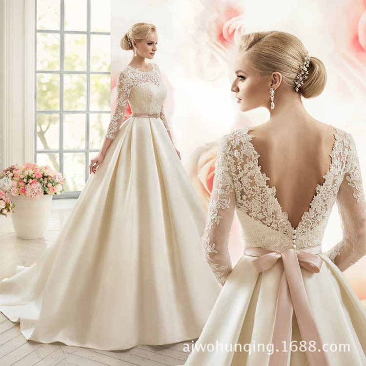 2025 Summer New Korean-Style Off-Shoulder Long-Sleeve Lace Silk Satin Puffy Skirt Long Train Maternity Wedding Dress