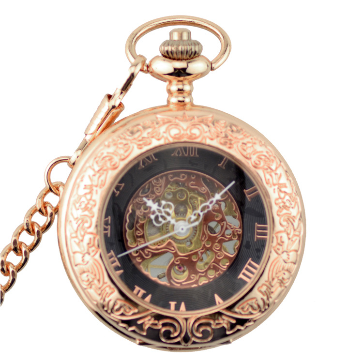 New rose gold magnifying glass mechanical pocket watch retro flip hollow pocket watch men and women watch wholesale