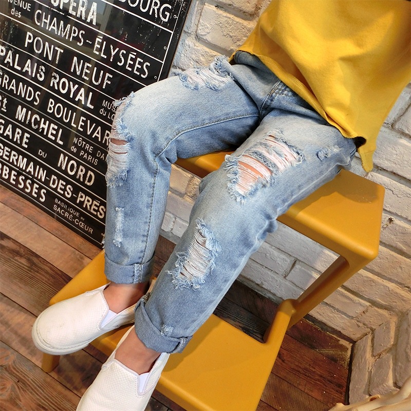 2021 New products Korean Edition men and women Versatile Do the old hole Beggar children Jeans Easy Light colour trousers Western style